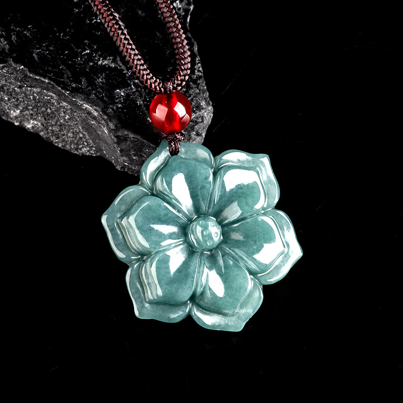 Vintage Necklace - Burmese Jadeite Flower Pendant Necklace Stone